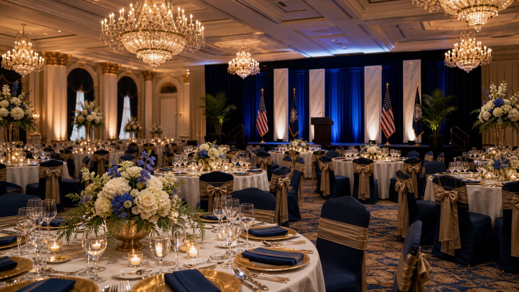 Grand ballroom gala with chandeliers, navy and gold decor, formal tables, flags, and stage