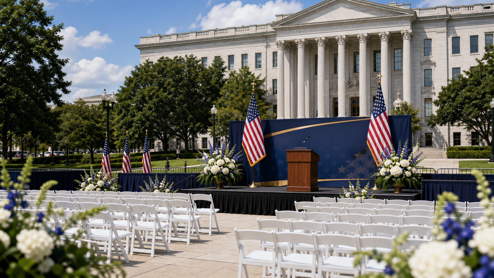 Outdoor civic ceremony stage with podium, flags, flowers, and seating