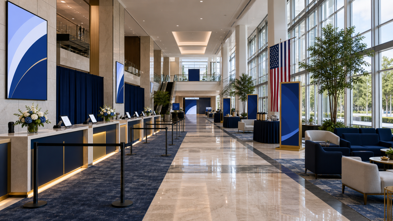 Government conference planning lobby with registration, wayfinding, and lounge seating