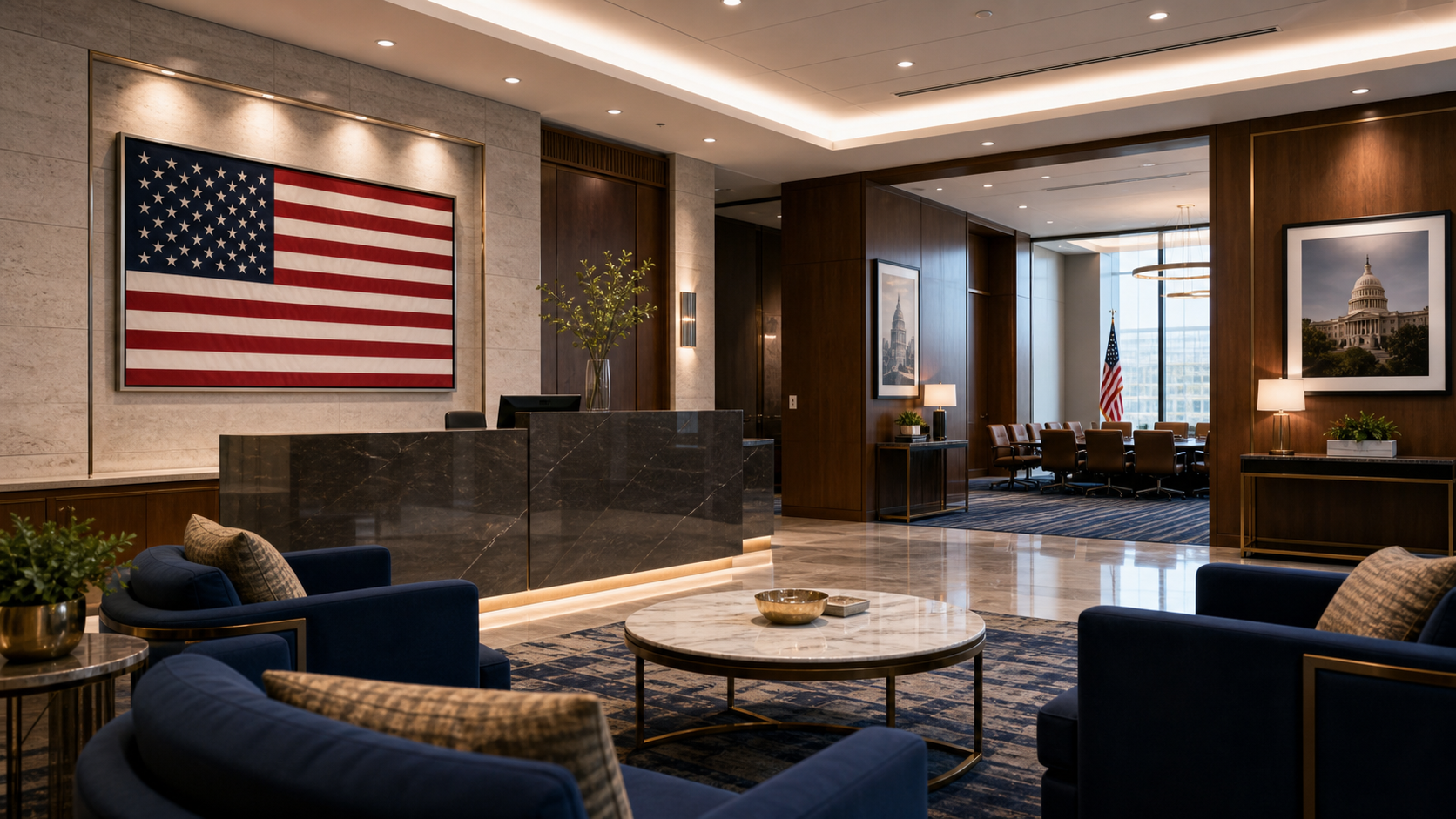 Premium government interior design lobby with flag, conference room, and navy seating